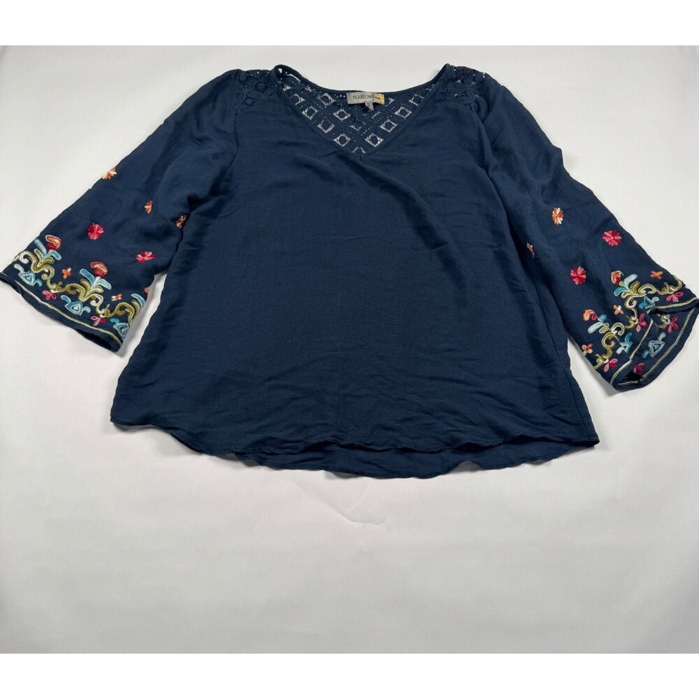Vintage Figueroa & Flower Navy Embroidered Blouse Boho Floral Bell Sleeve Top